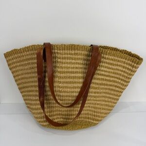 Woven Sisal Leather Handle Tote Coastal Boho Core Market Bag